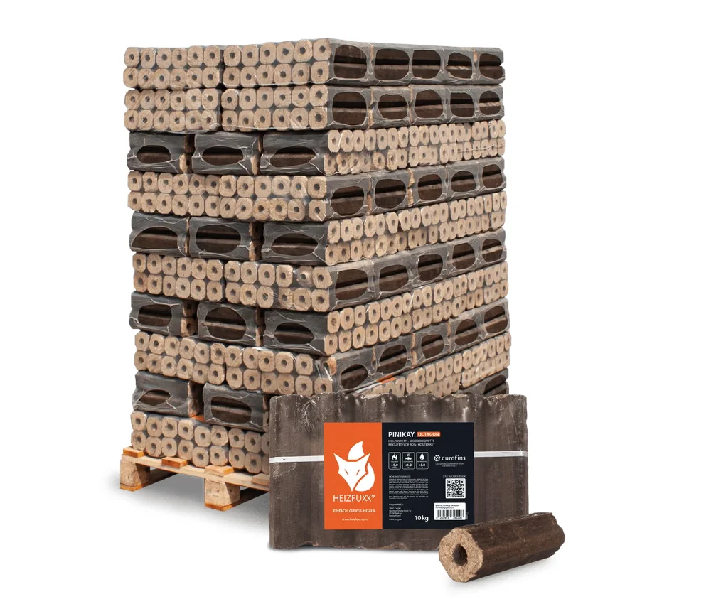 Heizfuxx PiniKay Octagon Hartholzbriketts – 960 kg Palette (10 kg x 96)